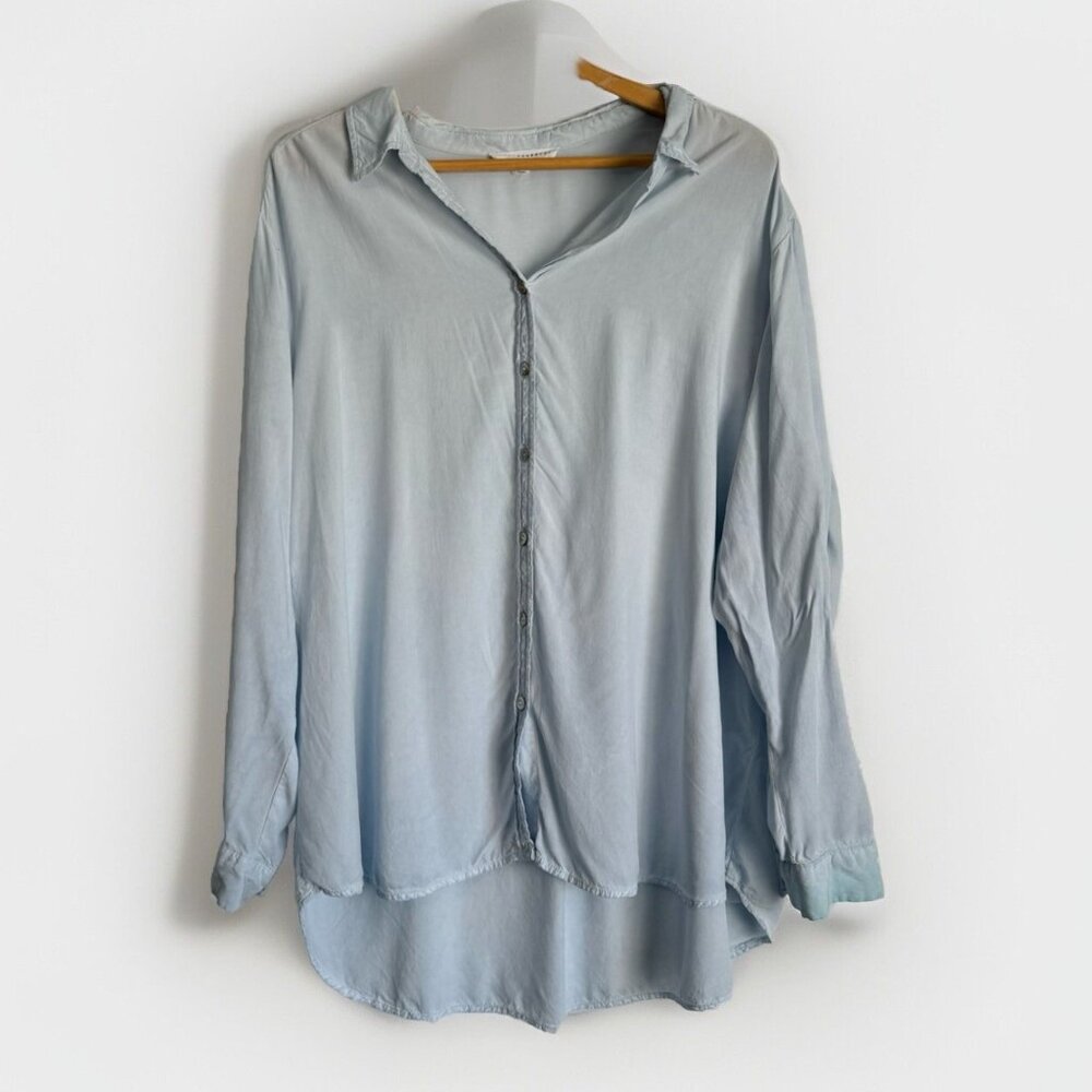 Jane & Delancey Women 2X Blue Rayon Button Down Top Roll Tab Sleeves Coastal